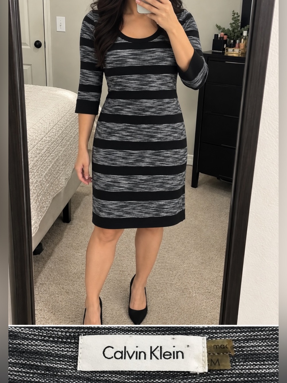 Calvin Klein Black and Gray Striped Midi Sheath Dress